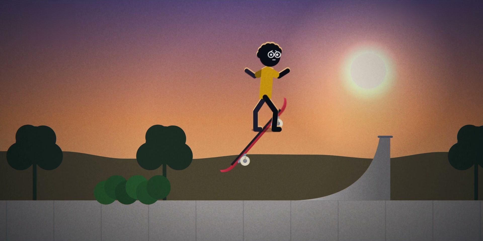 Rafa salta en su patineta frente a un atardecer lila y naranja, junto a una rampa